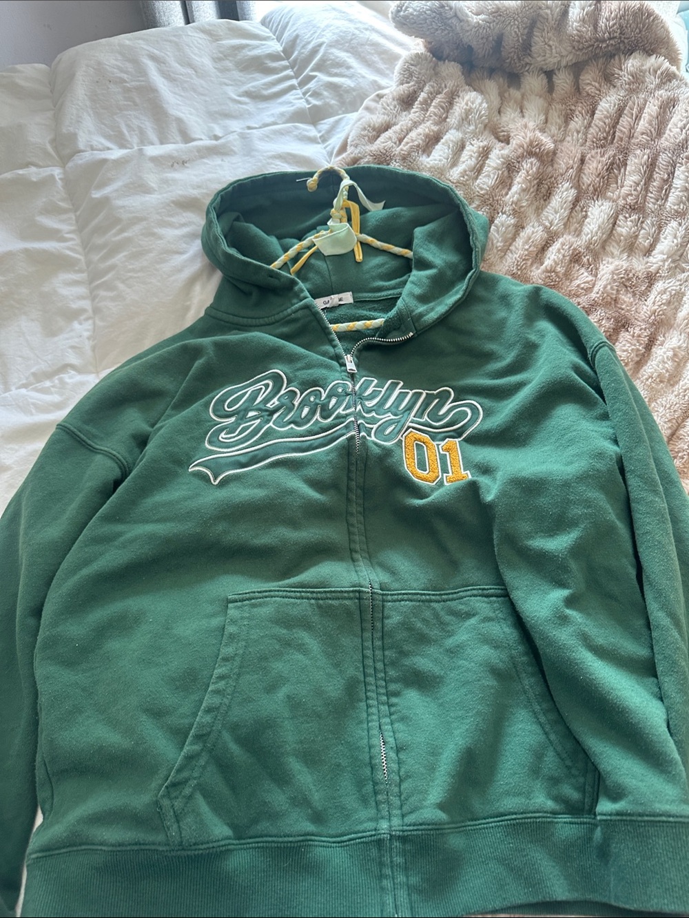 Garage Green Hooded Zip-Up Sweater with Yellow '01' Patch